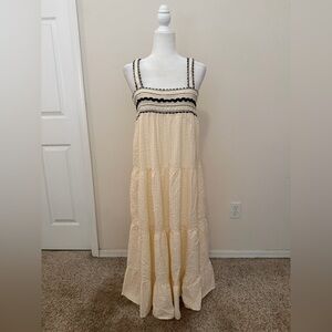 Zara Ecru Cream Seersucker Maxi Dress Sz M Black Ric Rac Trim Minimalist Spring